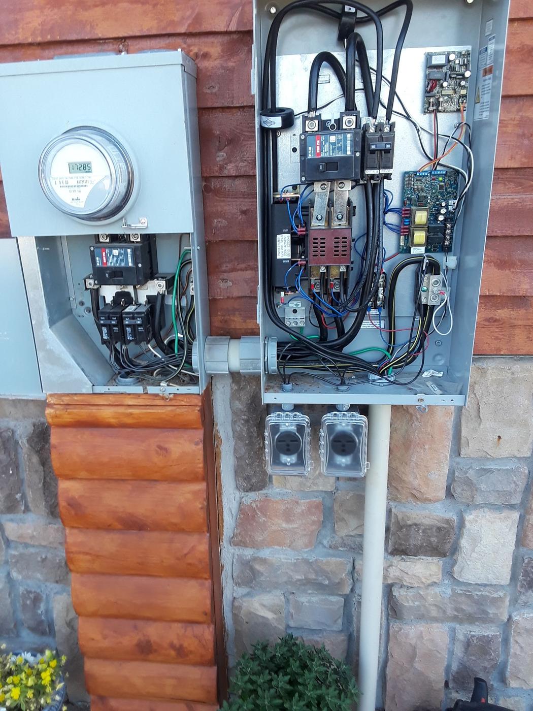 A meter base and generator transfer switch wired neatly